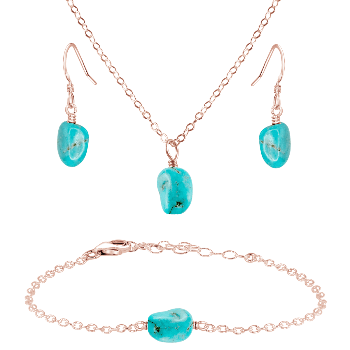 Raw Turquoise Crystal Earrings, Necklace & Bracelet Set - Raw Turquoise Crystal Earrings, Necklace & Bracelet Set - 14k Rose Gold Fill - Luna Tide Handmade Crystal Jewellery