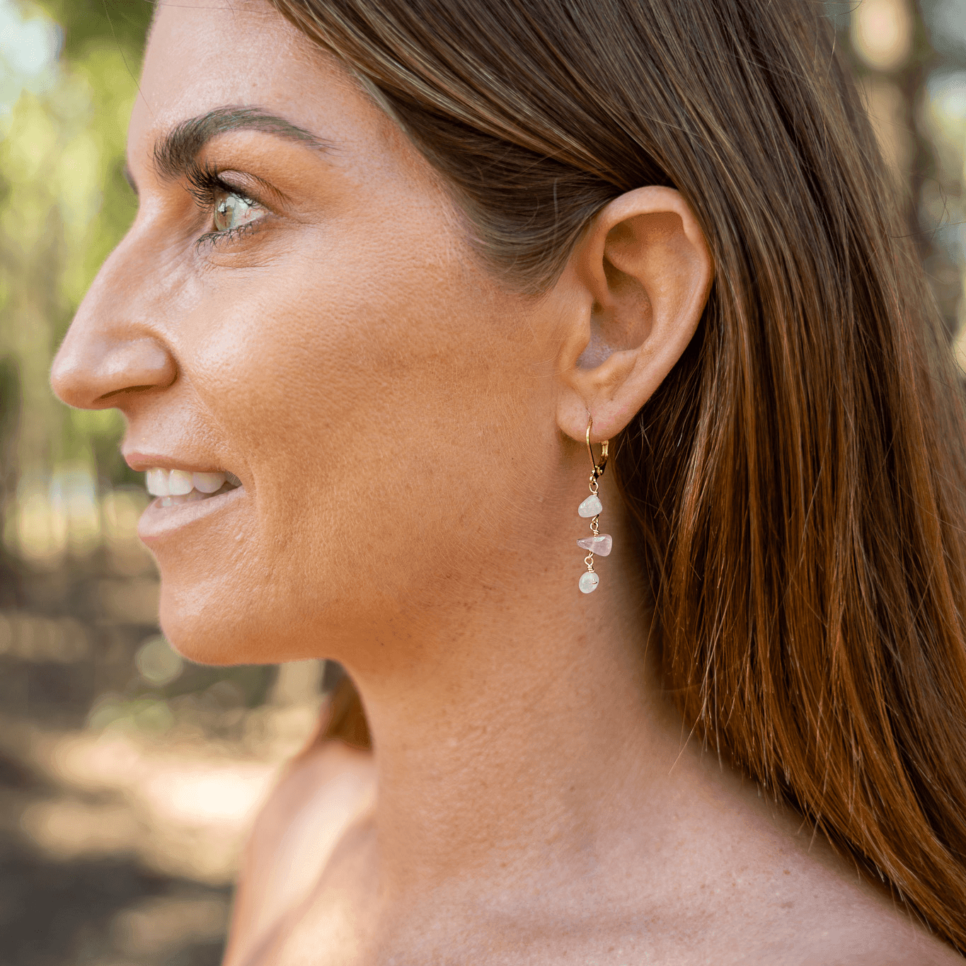 Rose Quartz Crystal Beaded Chain Dangle Leverback Earrings - Rose Quartz Crystal Beaded Chain Dangle Leverback Earrings - 14k Gold Fill - Luna Tide Handmade Crystal Jewellery