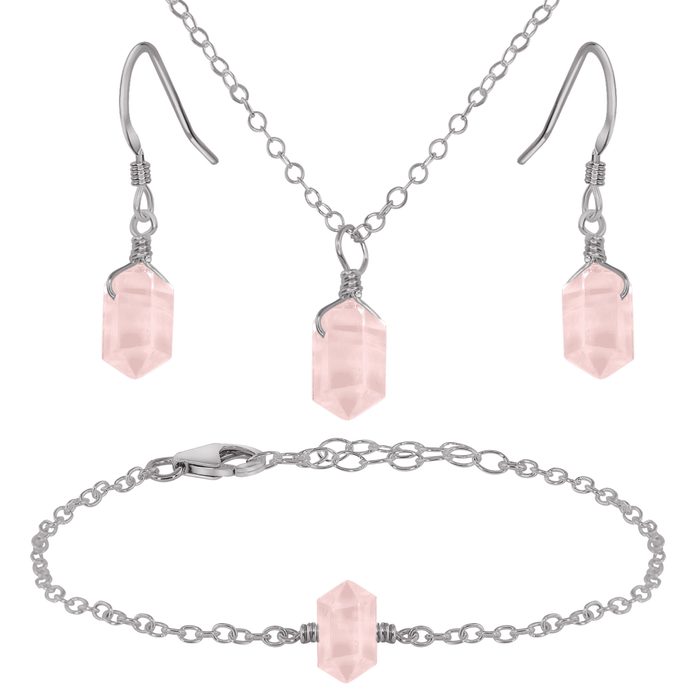 Rose Quartz Double Terminated Crystal Earrings, Necklace & Bracelet Set - Rose Quartz Double Terminated Crystal Earrings, Necklace & Bracelet Set - Stainless Steel - Luna Tide Handmade Crystal Jewellery