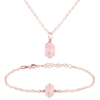 Rose Quartz Double Terminated Crystal Necklace & Bracelet Set - Rose Quartz Double Terminated Crystal Necklace & Bracelet Set - 14k Rose Gold Fill - Luna Tide Handmade Crystal Jewellery