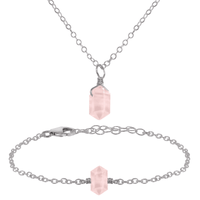 Rose Quartz Double Terminated Crystal Necklace & Bracelet Set - Rose Quartz Double Terminated Crystal Necklace & Bracelet Set - Stainless Steel - Luna Tide Handmade Crystal Jewellery