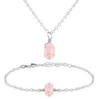 Rose Quartz Double Terminated Crystal Necklace & Bracelet Set - Rose Quartz Double Terminated Crystal Necklace & Bracelet Set - Sterling Silver - Luna Tide Handmade Crystal Jewellery