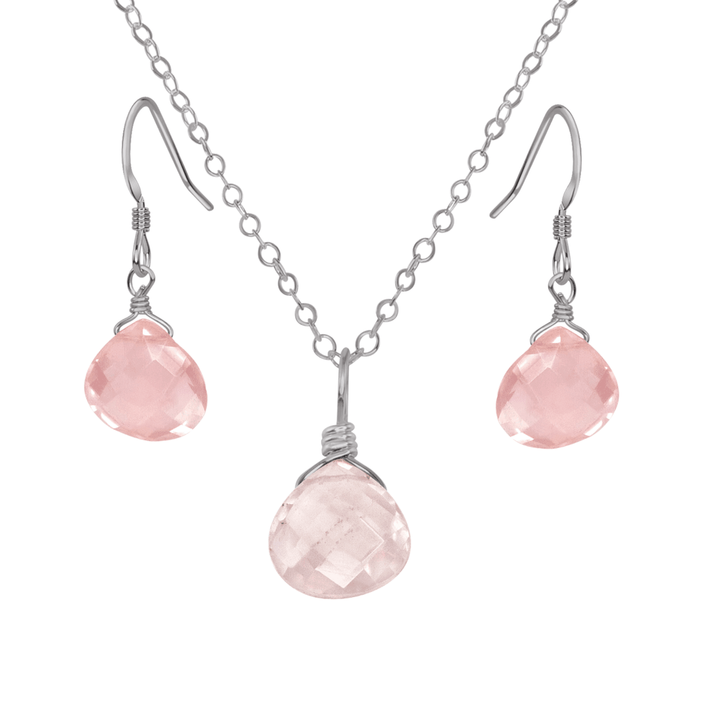 Rose Quartz Tiny Teardrop Earrings & Necklace Set - Rose Quartz Tiny Teardrop Earrings & Necklace Set - Stainless Steel / Cable - Luna Tide Handmade Crystal Jewellery