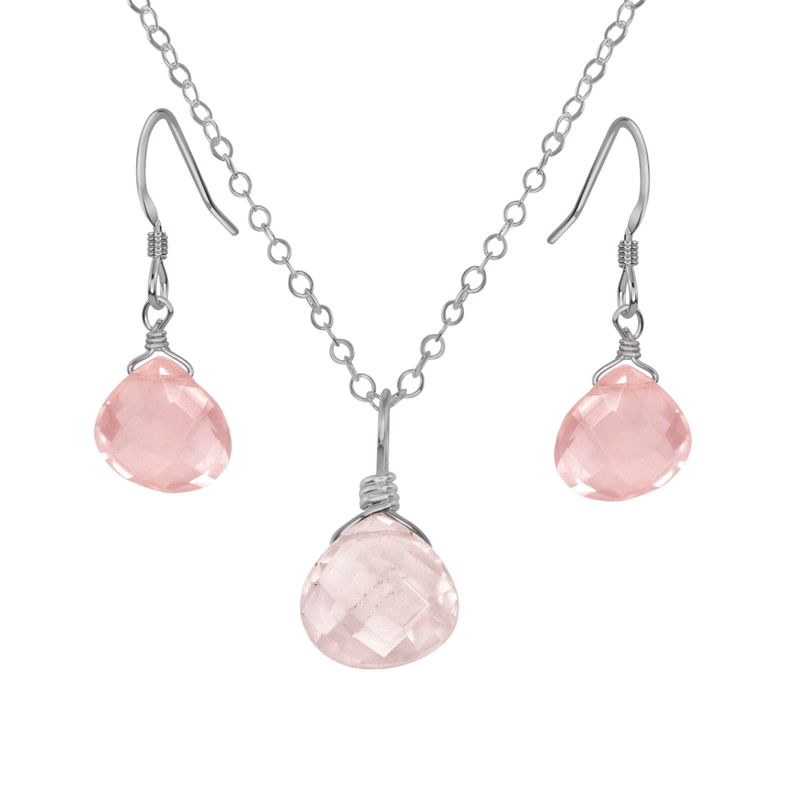 Rose Quartz Tiny Teardrop Earrings & Necklace Set - Rose Quartz Tiny Teardrop Earrings & Necklace Set - Stainless Steel / Cable - Luna Tide Handmade Crystal Jewellery