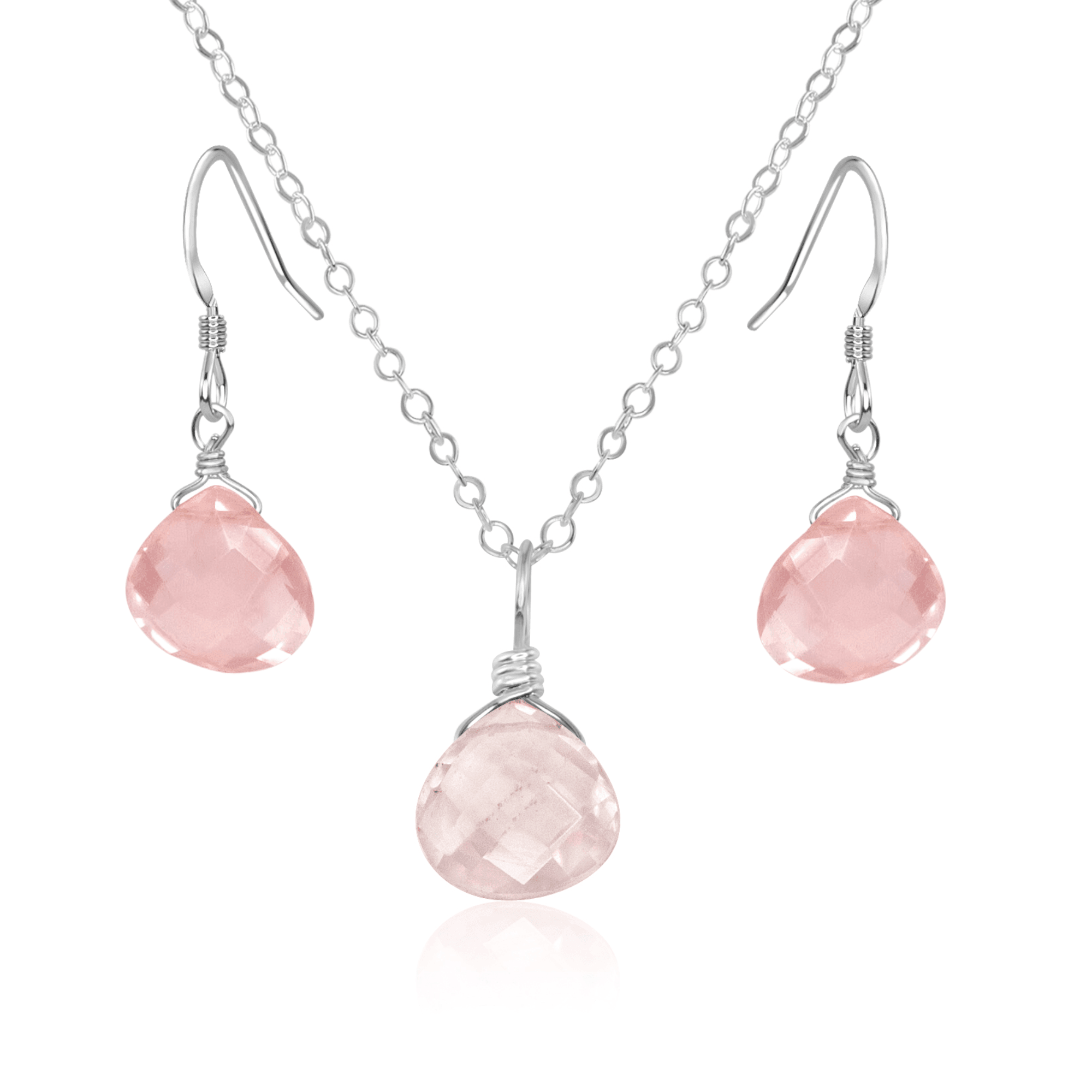 Rose Quartz Tiny Teardrop Earrings Necklace Set Luna Tide