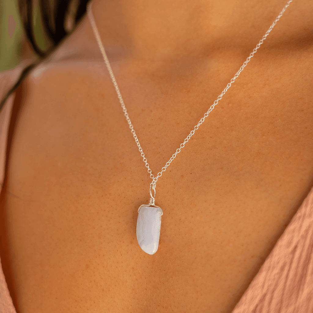 Small Smooth Blue Lace Agate Gentle Point Crystal Pendant Necklace - Small Smooth Blue Lace Agate Gentle Point Crystal Pendant Necklace - Sterling Silver / Cable - Luna Tide Handmade Crystal Jewellery