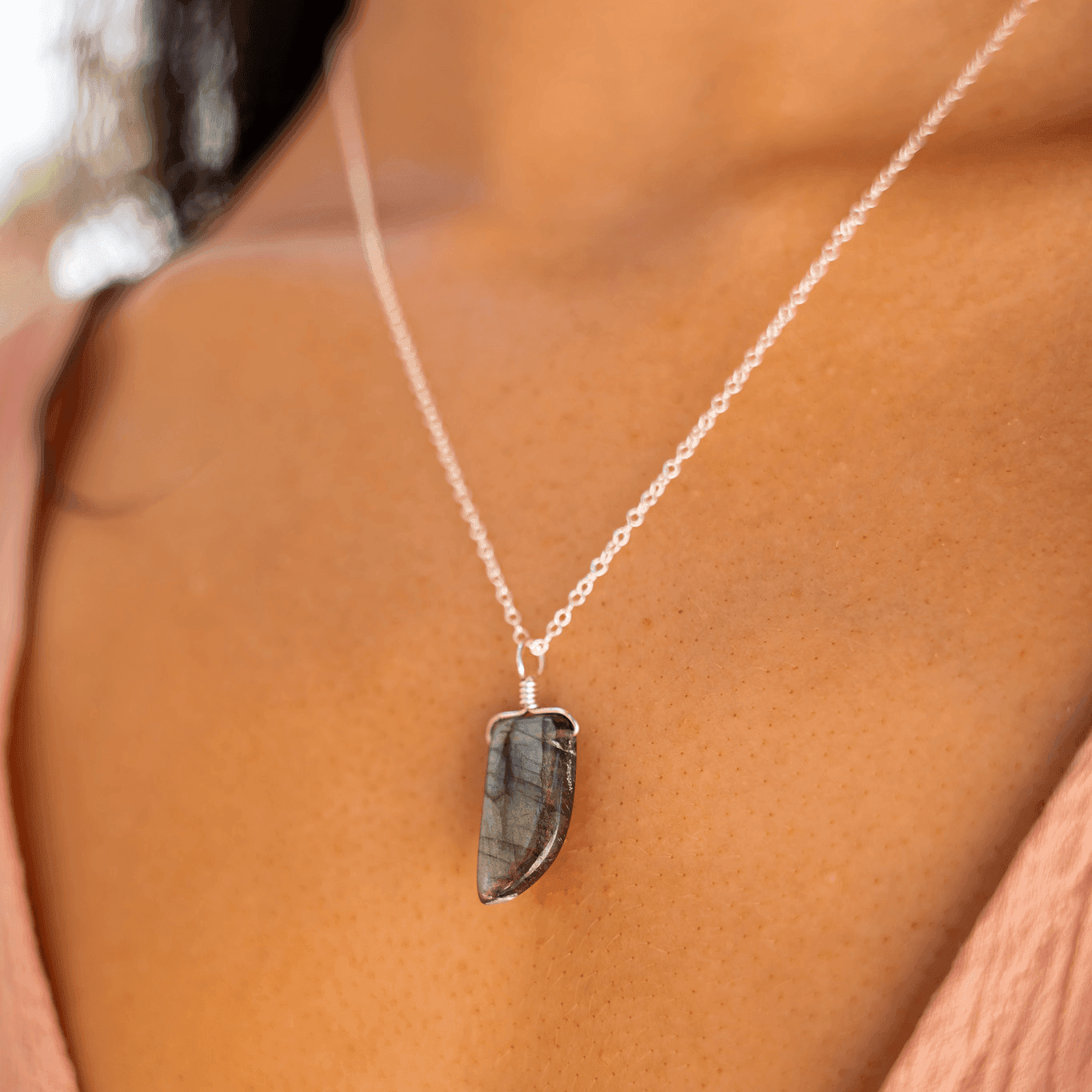 Small Smooth Labradorite Gentle Point Crystal Pendant Necklace - Small Smooth Labradorite Gentle Point Crystal Pendant Necklace - Sterling Silver / Cable - Luna Tide Handmade Crystal Jewellery