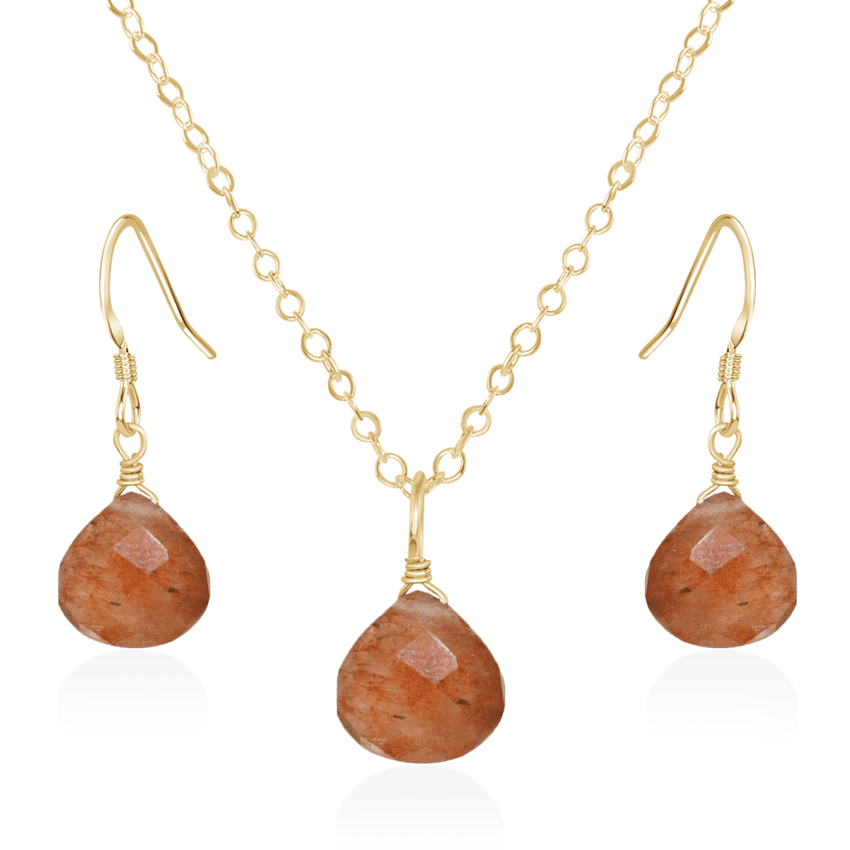 Sunstone Tiny Teardrop Earrings & Necklace Set - Sunstone Tiny Teardrop Earrings & Necklace Set - 14k Gold Fill / Cable - Luna Tide Handmade Crystal Jewellery