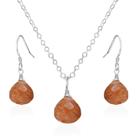 Sunstone Tiny Teardrop Earrings & Necklace Set - Sunstone Tiny Teardrop Earrings & Necklace Set - Sterling Silver / Cable - Luna Tide Handmade Crystal Jewellery