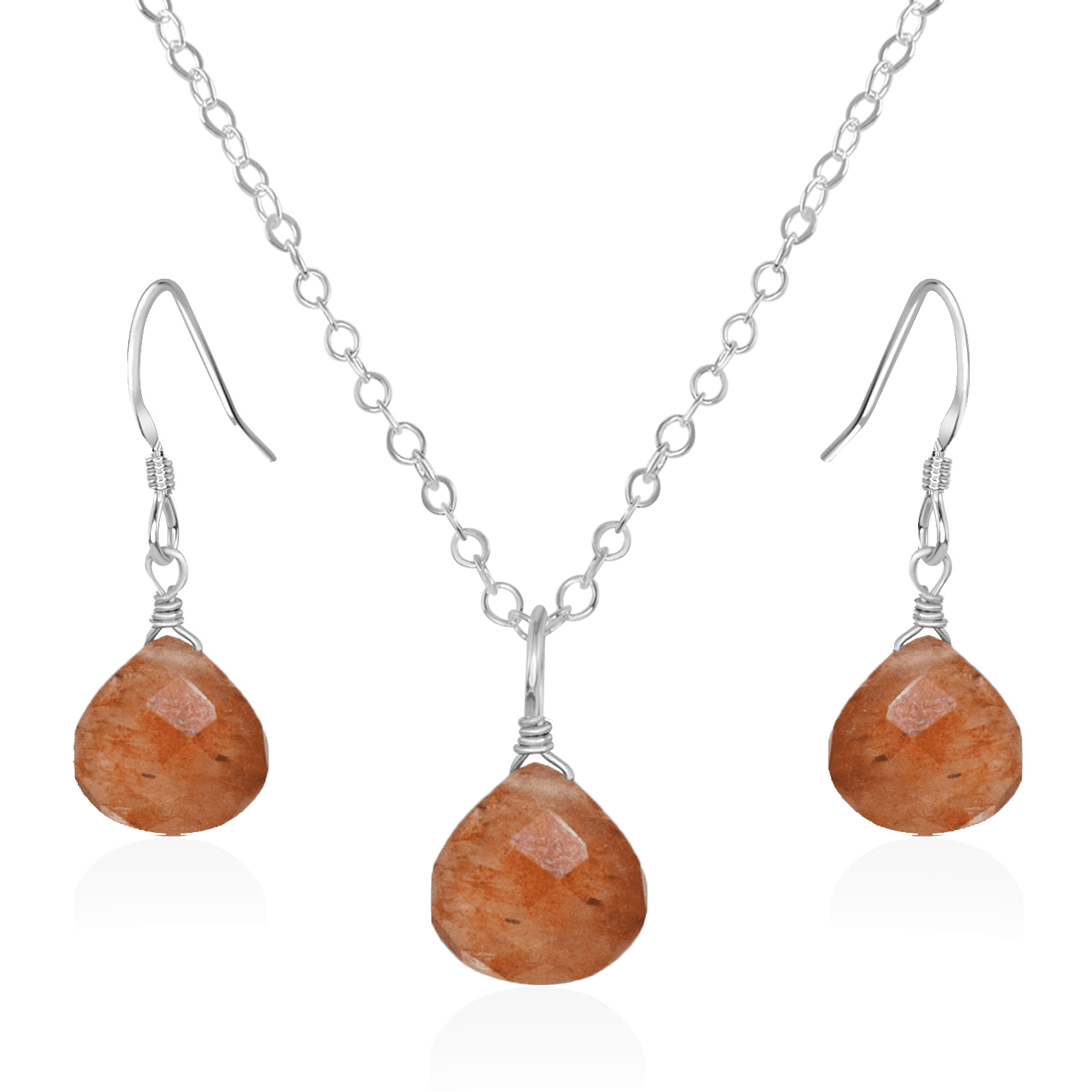Sunstone Tiny Teardrop Earrings & Necklace Set - Sunstone Tiny Teardrop Earrings & Necklace Set - Sterling Silver / Cable - Luna Tide Handmade Crystal Jewellery