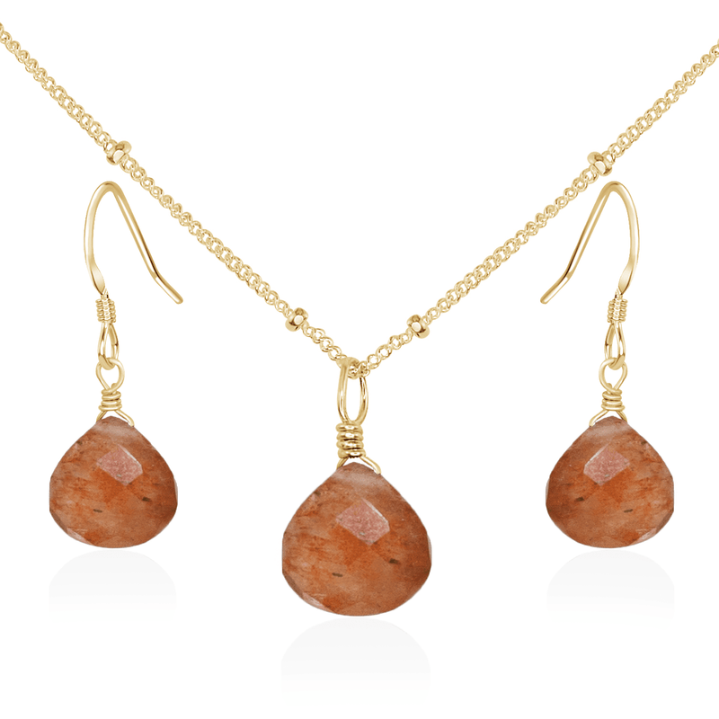 Sunstone Tiny Teardrop Earrings & Necklace Set - Sunstone Tiny Teardrop Earrings & Necklace Set - 14k Gold Fill / Satellite - Luna Tide Handmade Crystal Jewellery