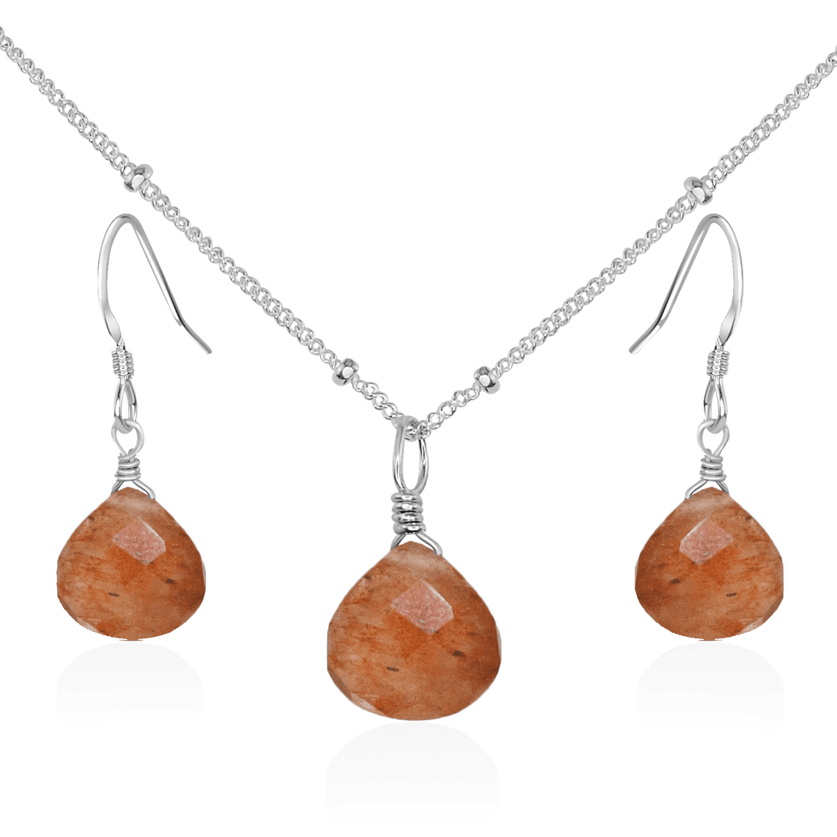 Sunstone Tiny Teardrop Earrings & Necklace Set - Sunstone Tiny Teardrop Earrings & Necklace Set - Sterling Silver / Satellite - Luna Tide Handmade Crystal Jewellery