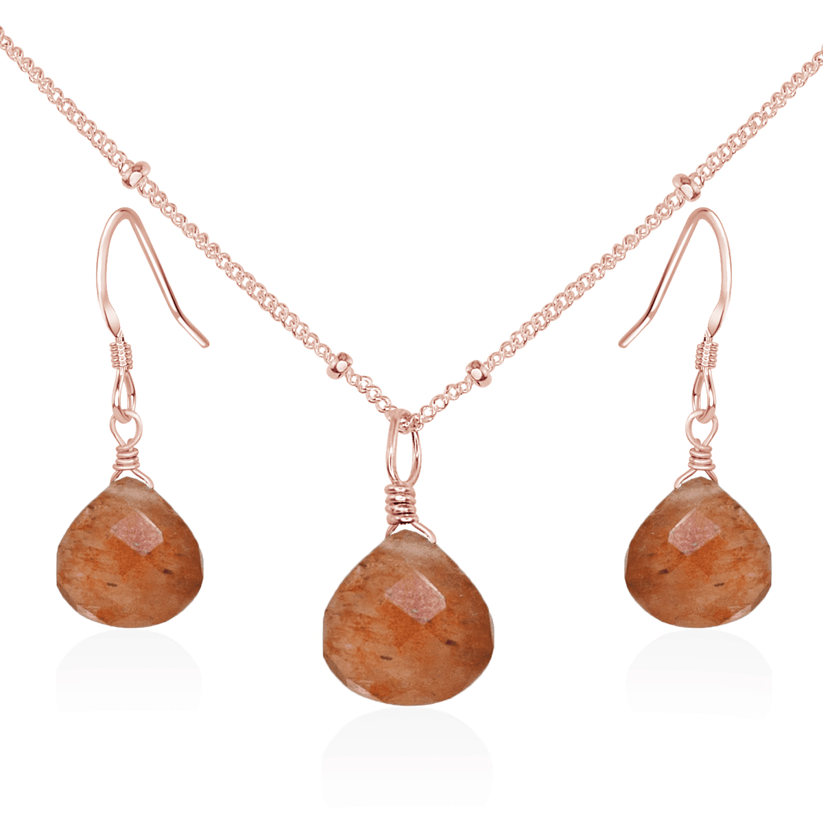 Sunstone Tiny Teardrop Earrings & Necklace Set - Sunstone Tiny Teardrop Earrings & Necklace Set - 14k Rose Gold Fill / Satellite - Luna Tide Handmade Crystal Jewellery