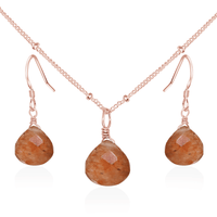 Sunstone Tiny Teardrop Earrings & Necklace Set - Sunstone Tiny Teardrop Earrings & Necklace Set - 14k Rose Gold Fill / Satellite - Luna Tide Handmade Crystal Jewellery