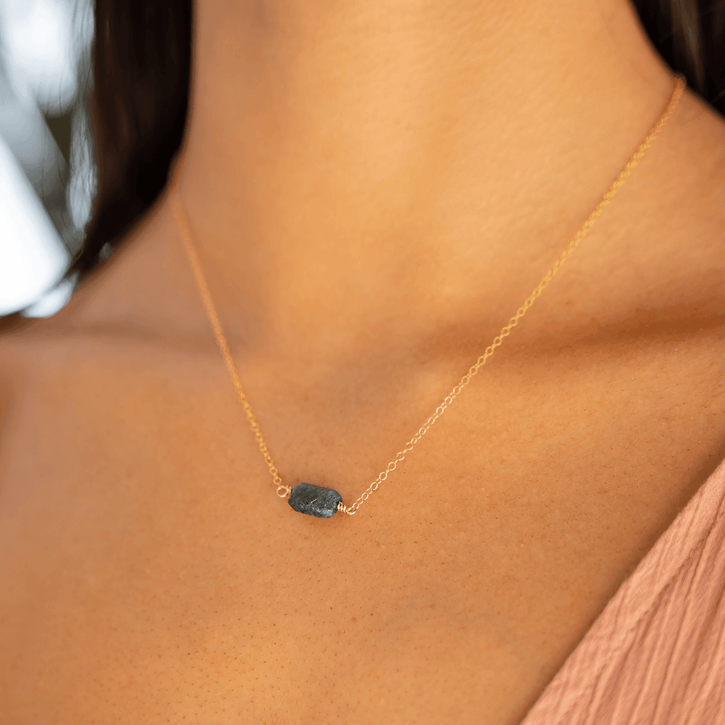 Tiny Raw Sapphire Crystal Nugget Necklace - Tiny Raw Sapphire Crystal Nugget Necklace - 14k Gold Fill - Luna Tide Handmade Crystal Jewellery