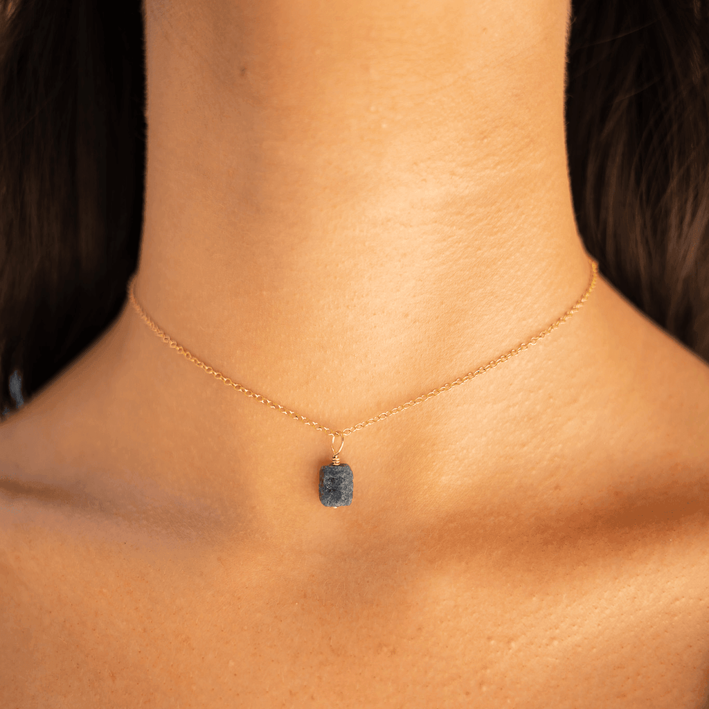 Tiny Rough Sapphire Gemstone Pendant Choker - Tiny Rough Sapphire Gemstone Pendant Choker - 14k Gold Fill / Cable - Luna Tide Handmade Crystal Jewellery