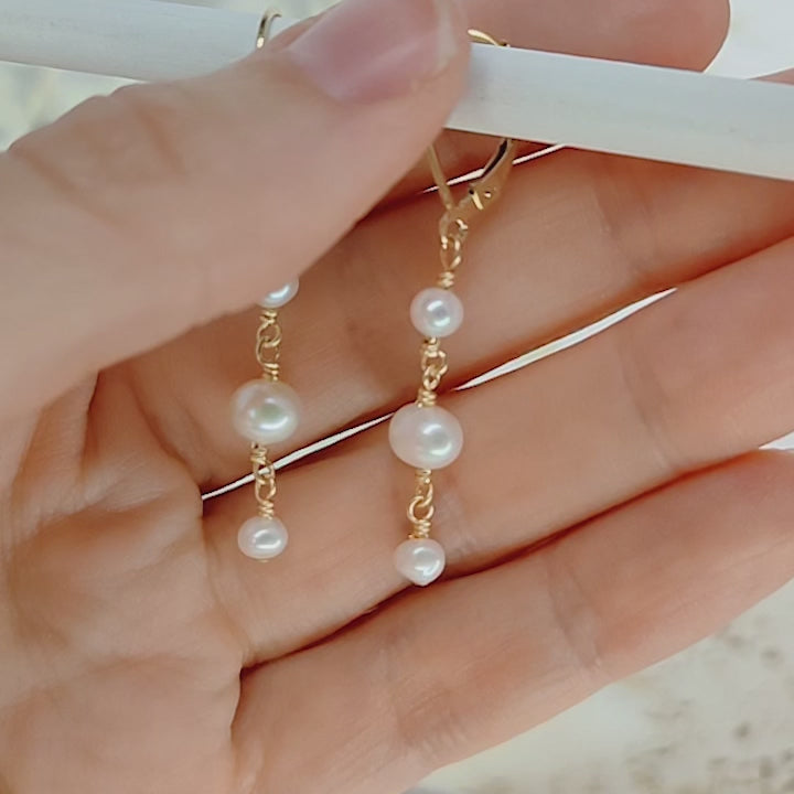 White Freshwater Pearl Crystal Beaded Chain Dangle Leverback Earrings