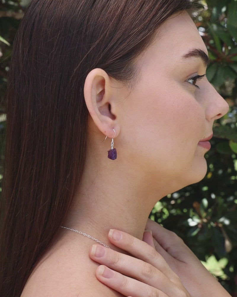Raw Purple Amethyst Crystal Dangle Drop Earrings