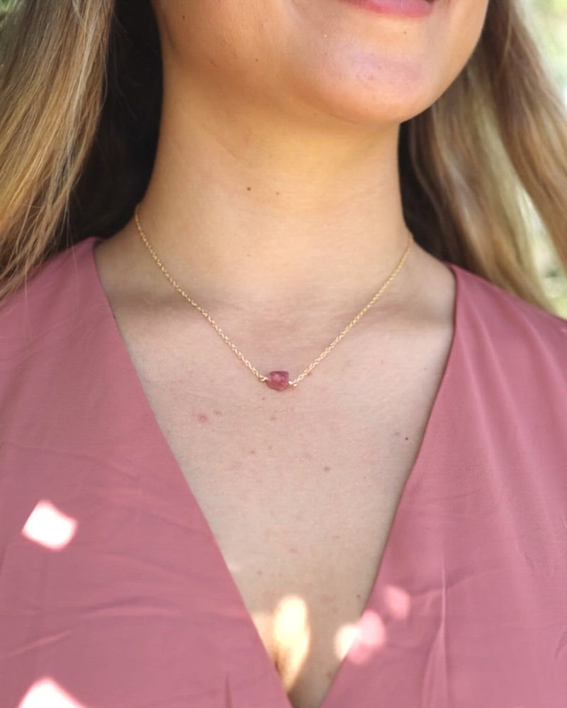Tiny Raw Pink Tourmaline Crystal Nugget Necklace