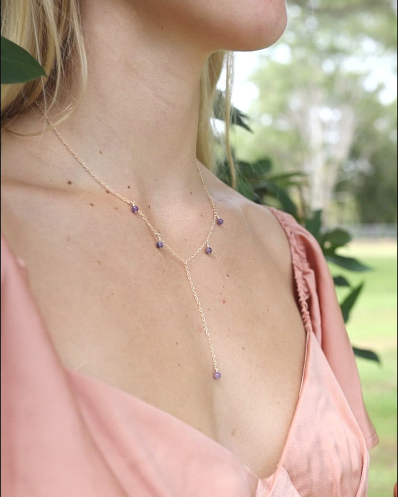 Purple Lepidolite Crystal Boho Lariat Necklace