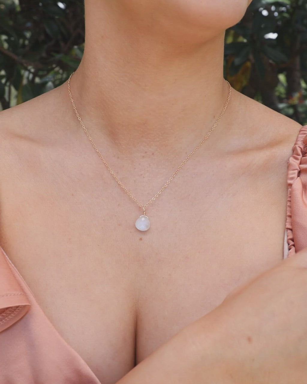 Tiny Rainbow Moonstone Teardrop Crystal Pendant Necklace