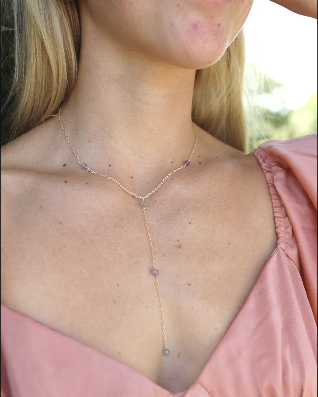 Dainty Rainbow Fluorite Lariat Necklace