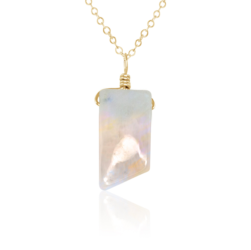 Small Smooth Rainbow Moonstone Gentle Point Crystal Pendant Necklace