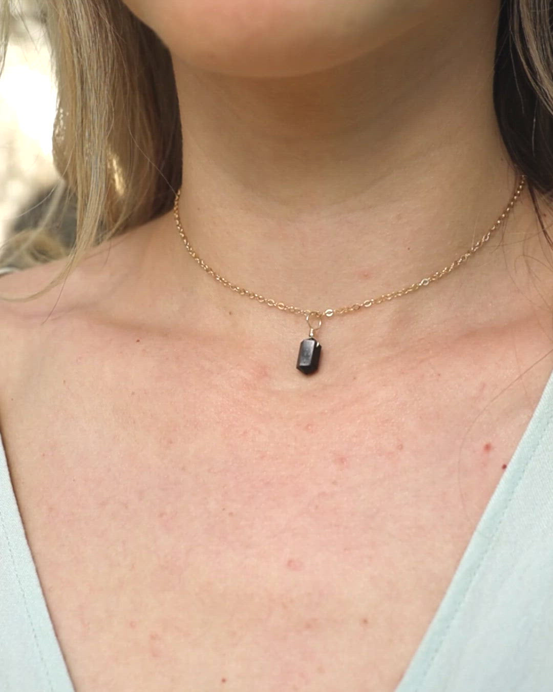 Black Tourmaline Mini Double Terminated Crystal Point Pendant Choker Necklace