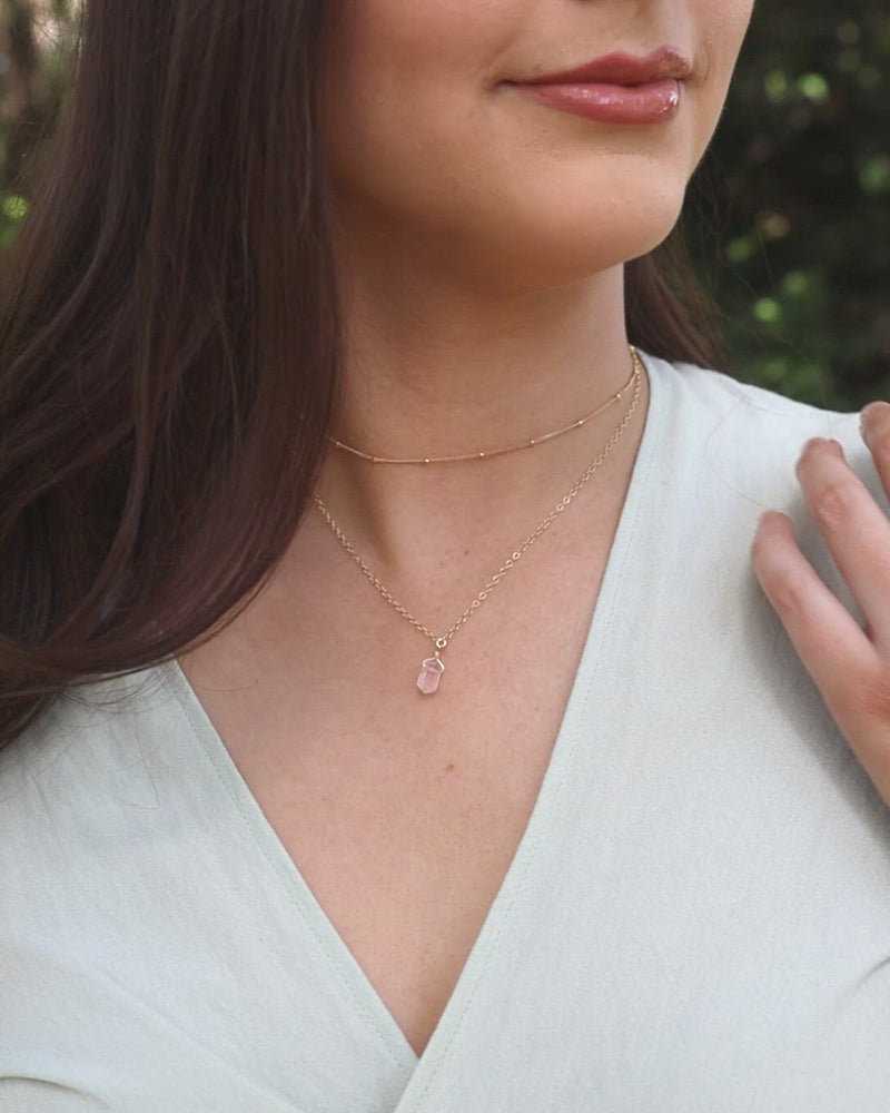 Rose Quartz Double Terminated Crystal Chain Layered Choker Necklace