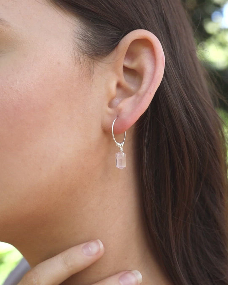 Double Terminated Rose Quartz Mini Crystal Point Dangle Hoop Earrings