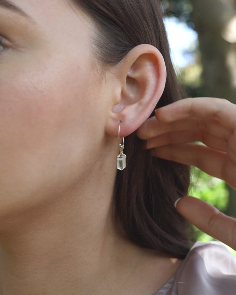 Double Terminated Crystal Quartz Mini Crystal Point Dangle Hoop Earrings