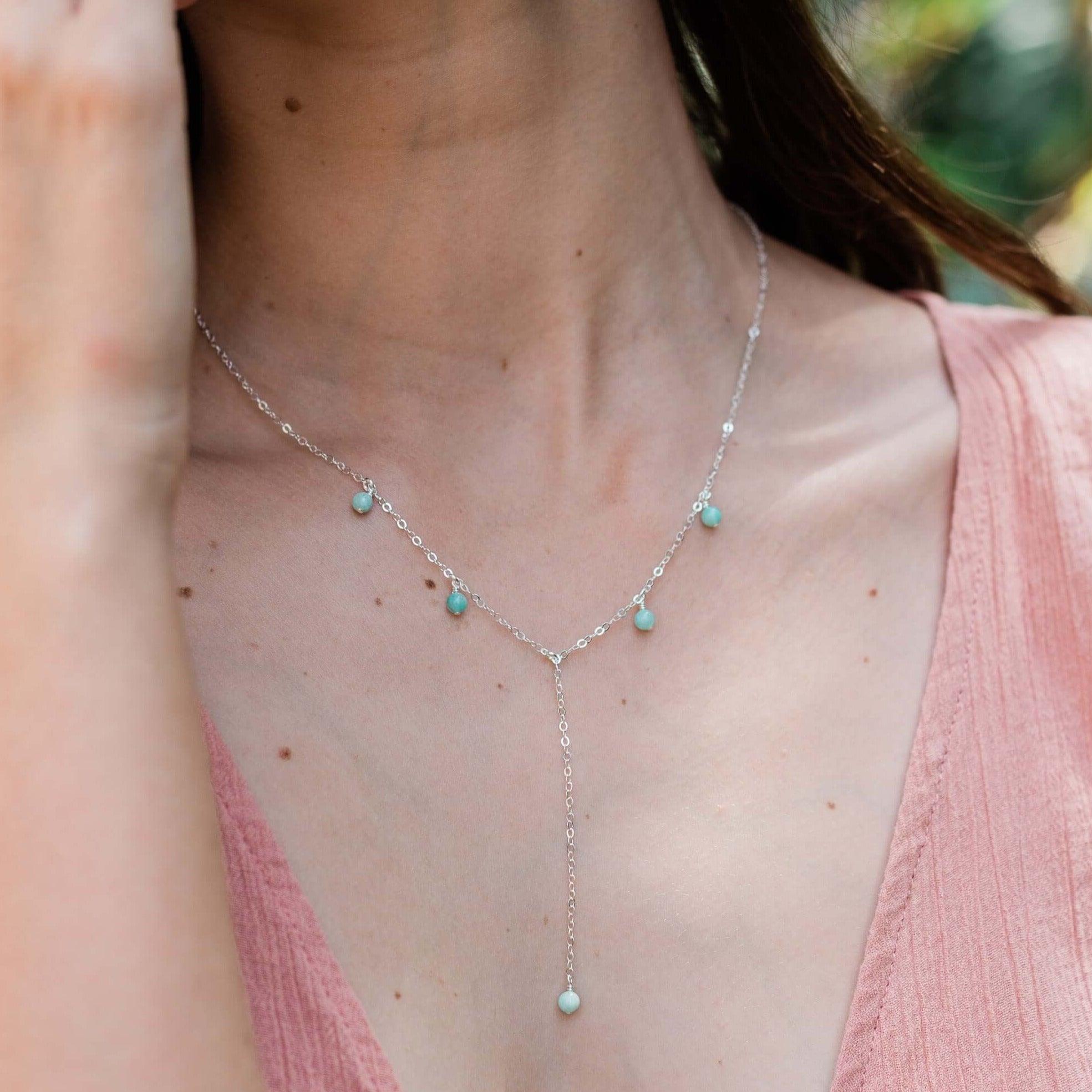 Amazonite Boho Lariat Necklace - Amazonite Boho Lariat Necklace - Sterling Silver - Luna Tide Handmade Crystal Jewellery