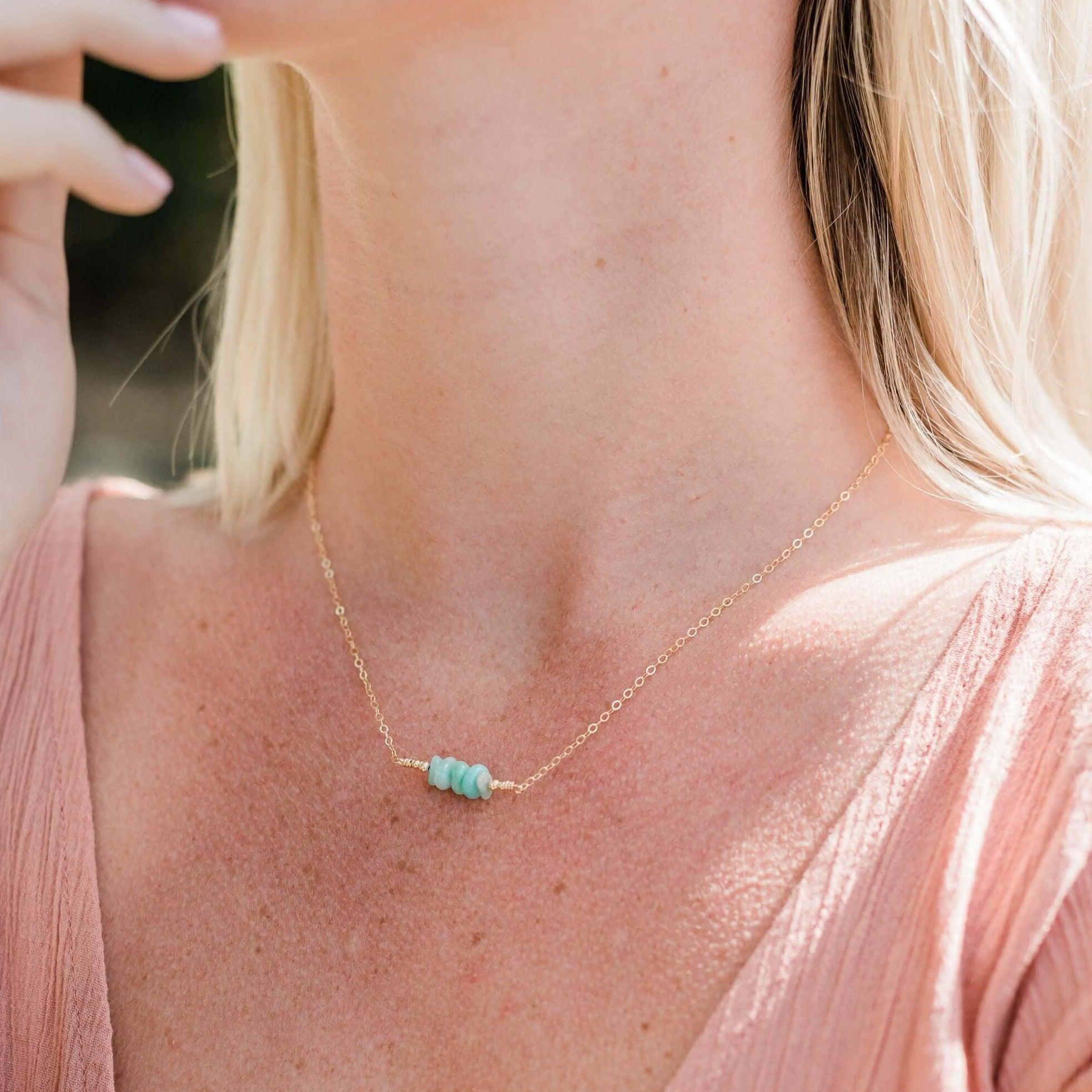 Amazonite Chip Bead Bar Necklace - Amazonite Chip Bead Bar Necklace - 14k Gold Fill - Luna Tide Handmade Crystal Jewellery