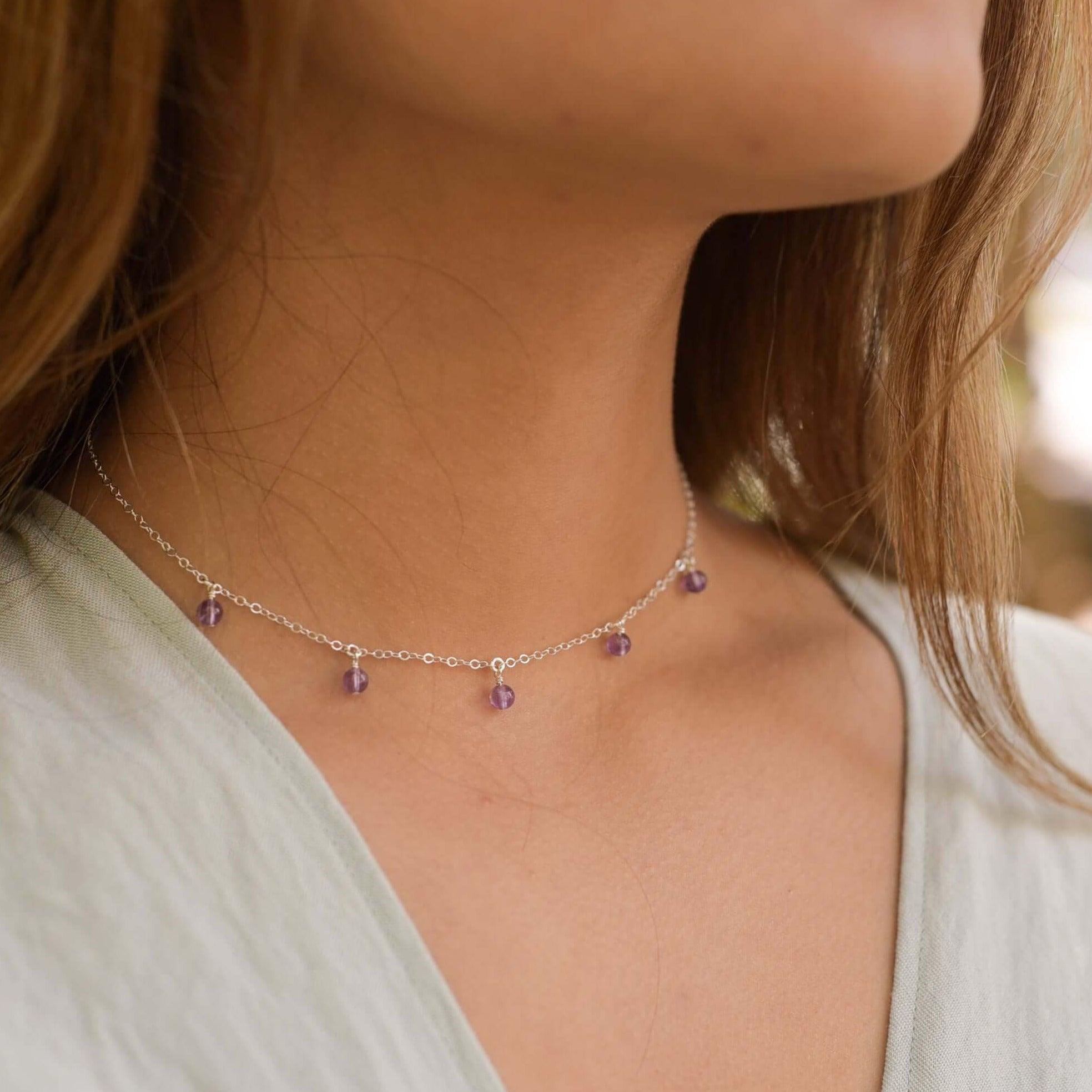 Amethyst Bead Drop Choker - Amethyst Bead Drop Choker - 14k Gold Fill - Luna Tide Handmade Crystal Jewellery