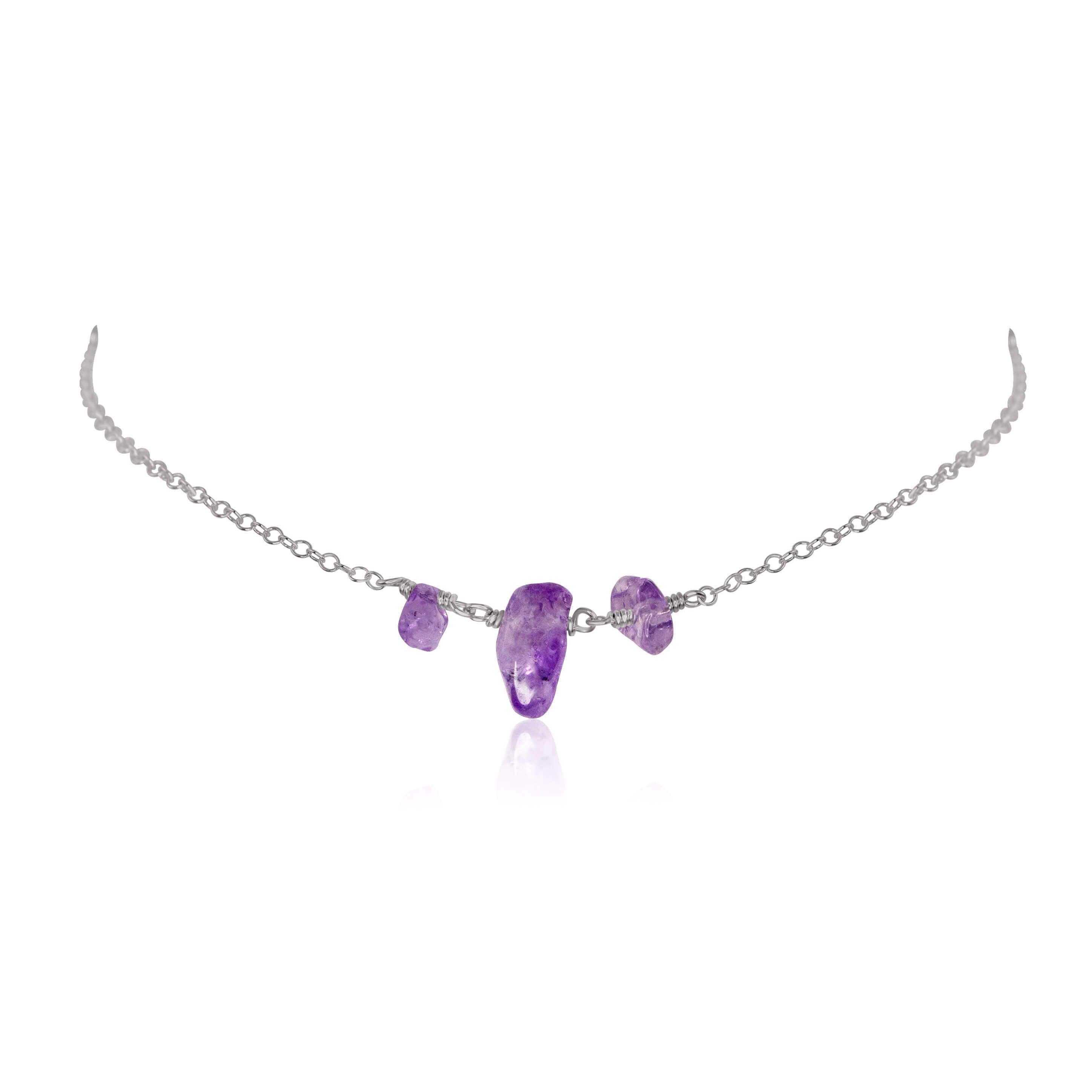 Amethyst Beaded Chain Choker Necklace - Amethyst Beaded Chain Choker Necklace - Stainless Steel - Luna Tide Handmade Crystal Jewellery