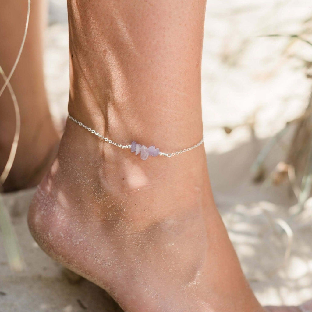 Amethyst Chip Bead Bar Anklet - Amethyst Chip Bead Bar Anklet - Sterling Silver - Luna Tide Handmade Crystal Jewellery