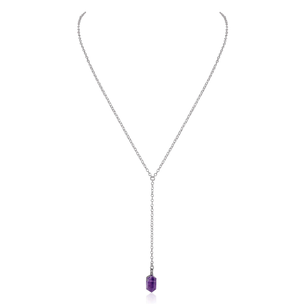 Amethyst Double Terminated Mini Crystal Point Lariat Necklace - Amethyst Double Terminated Mini Crystal Point Lariat Necklace - Stainless Steel - Luna Tide Handmade Crystal Jewellery