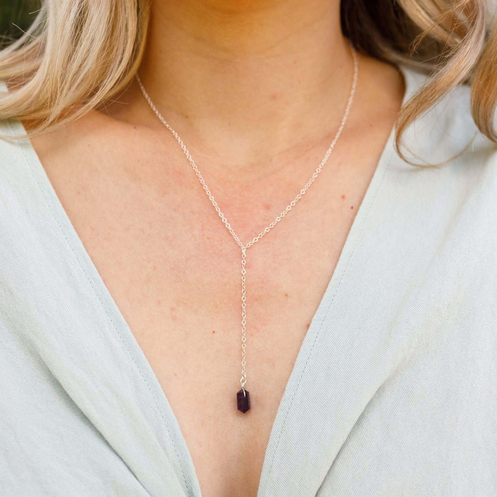Amethyst Double Terminated Mini Crystal Point Lariat Necklace - Amethyst Double Terminated Mini Crystal Point Lariat Necklace - Sterling Silver - Luna Tide Handmade Crystal Jewellery