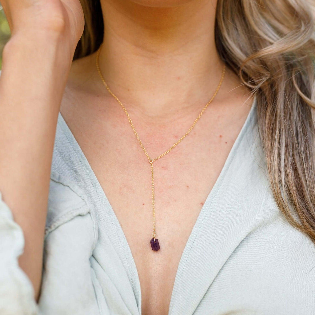 Amethyst Double Terminated Mini Crystal Point Lariat Necklace - Amethyst Double Terminated Mini Crystal Point Lariat Necklace - Sterling Silver - Luna Tide Handmade Crystal Jewellery