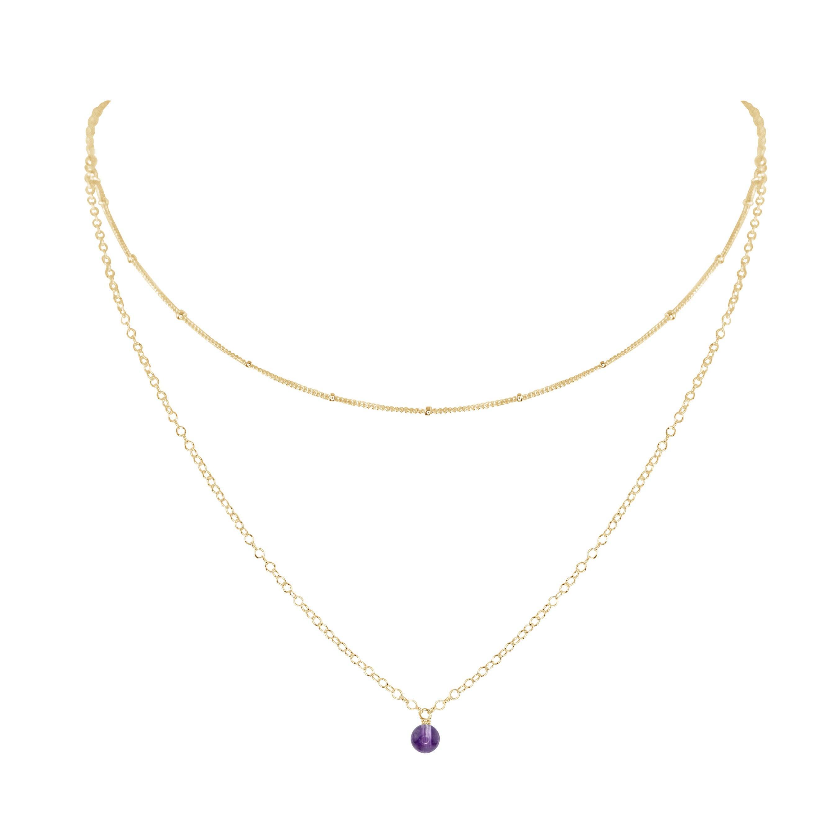 Amethyst Gemstone Chain Layered Choker Necklace - Amethyst Gemstone Chain Layered Choker Necklace - 14k Gold Fill - Luna Tide Handmade Crystal Jewellery