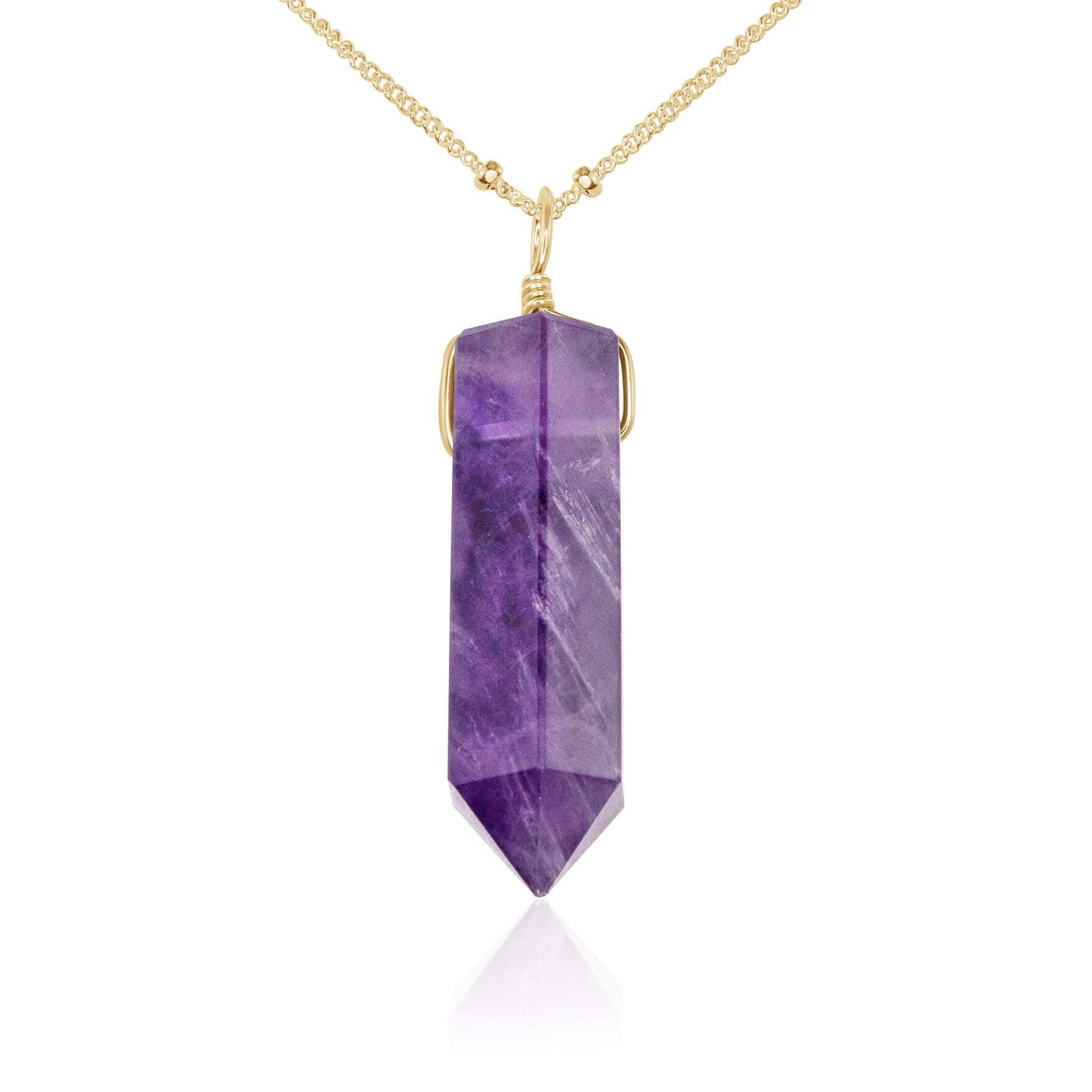 Amethyst Gemstone Generator Tower Point Pendant Necklace - Amethyst Gemstone Generator Tower Point Pendant Necklace - 14k Gold Fill / Satellite - Luna Tide Handmade Crystal Jewellery