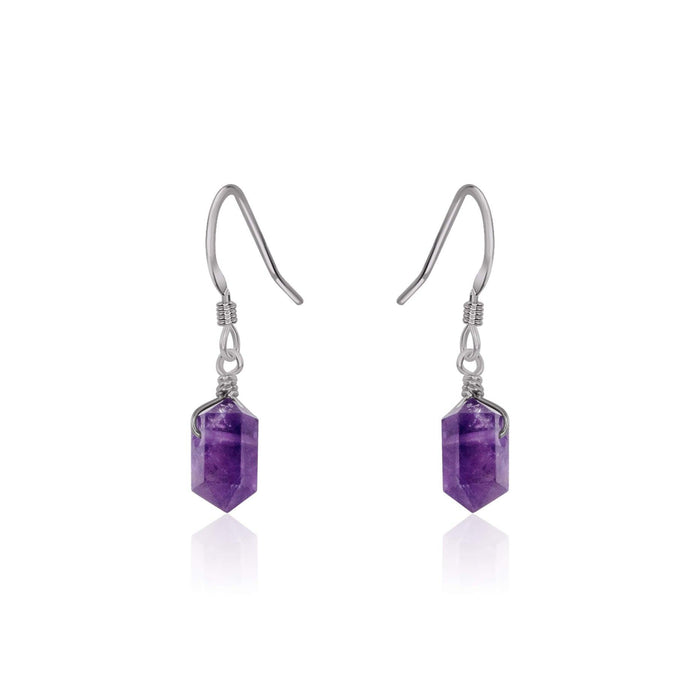 Amethyst Mini Double Terminated Crystal Point Dangle Drop Earrings - Amethyst Mini Double Terminated Crystal Point Dangle Drop Earrings - Stainless Steel - Luna Tide Handmade Crystal Jewellery