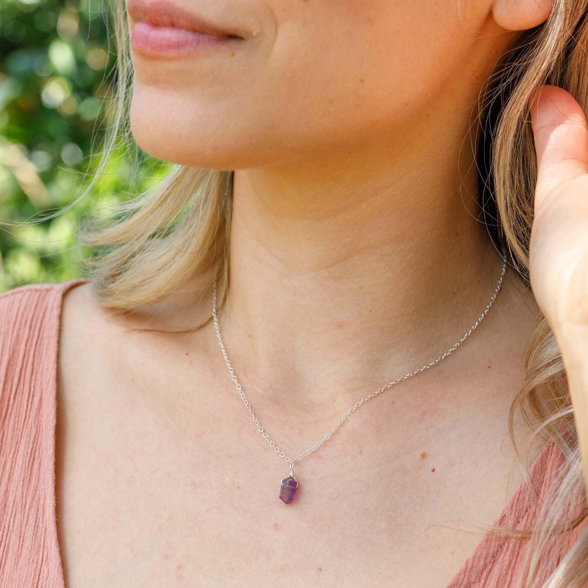 Amethyst Mini Double Terminated Crystal Point Pendant Necklace - Amethyst Mini Double Terminated Crystal Point Pendant Necklace - Sterling Silver / Cable - Luna Tide Handmade Crystal Jewellery