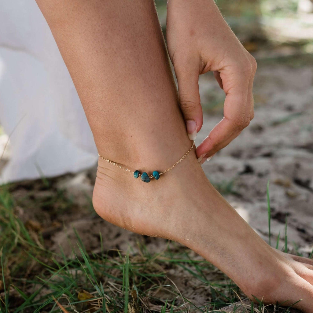 Apatite Beaded Chain Anklet - Apatite Beaded Chain Anklet - Sterling Silver - Luna Tide Handmade Crystal Jewellery