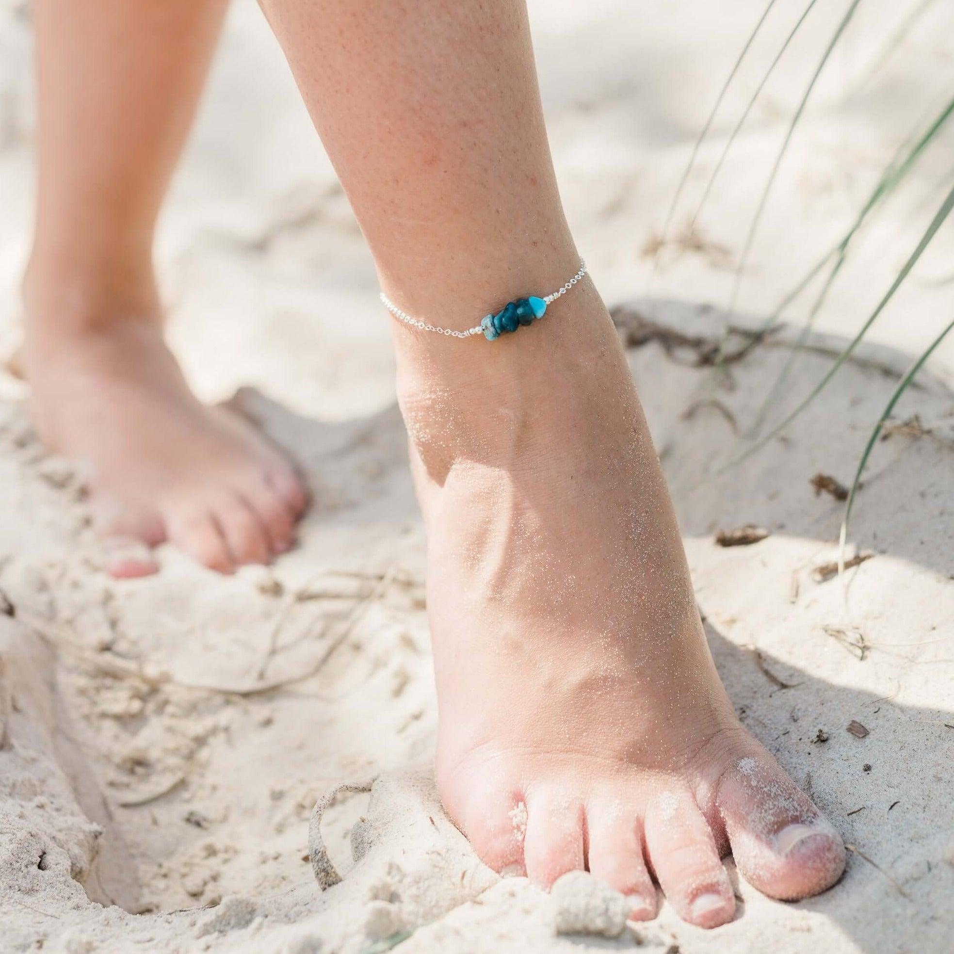 Apatite Chip Bead Bar Anklet - Apatite Chip Bead Bar Anklet - Sterling Silver - Luna Tide Handmade Crystal Jewellery