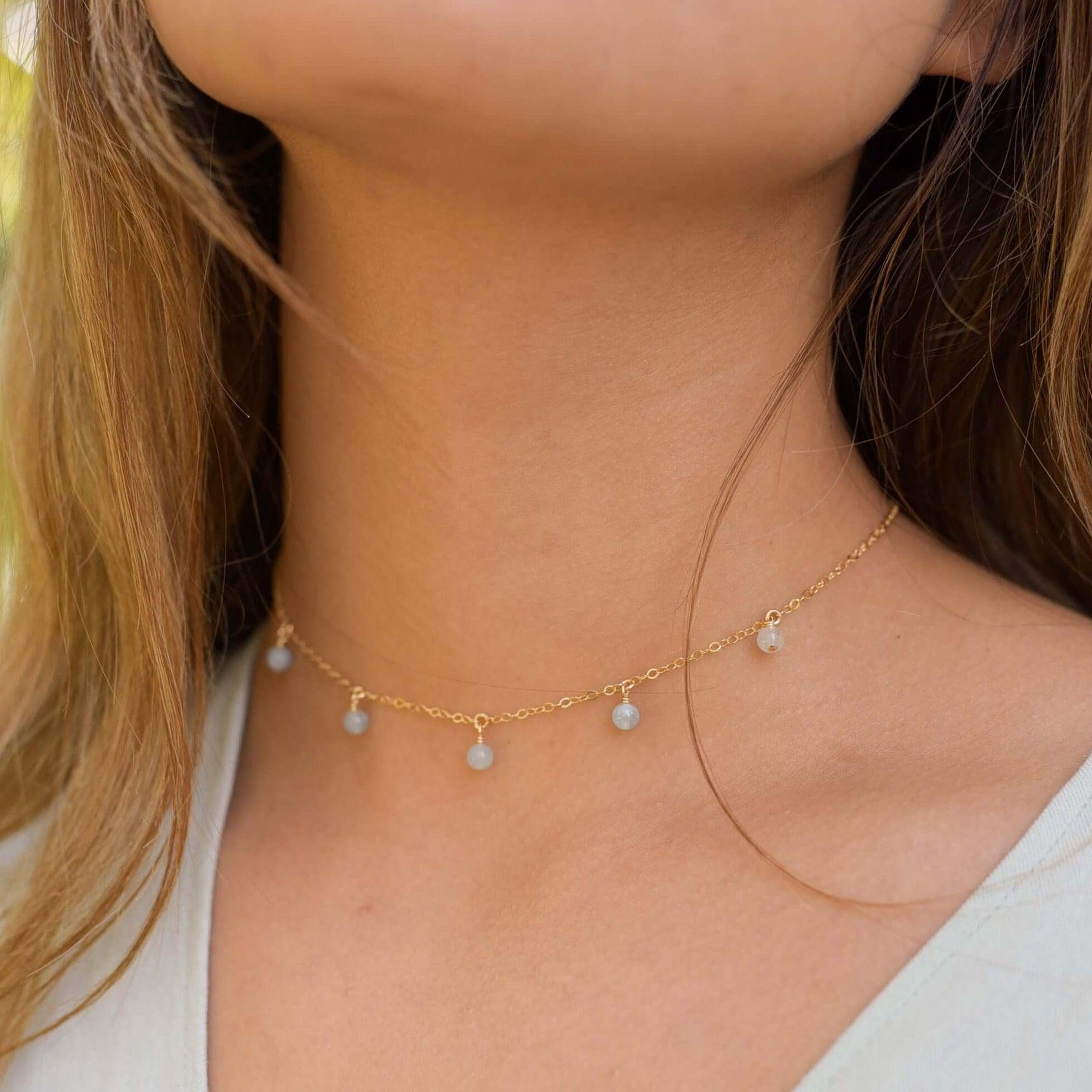Aquamarine Bead Drop Choker - Aquamarine Bead Drop Choker - Sterling Silver - Luna Tide Handmade Crystal Jewellery