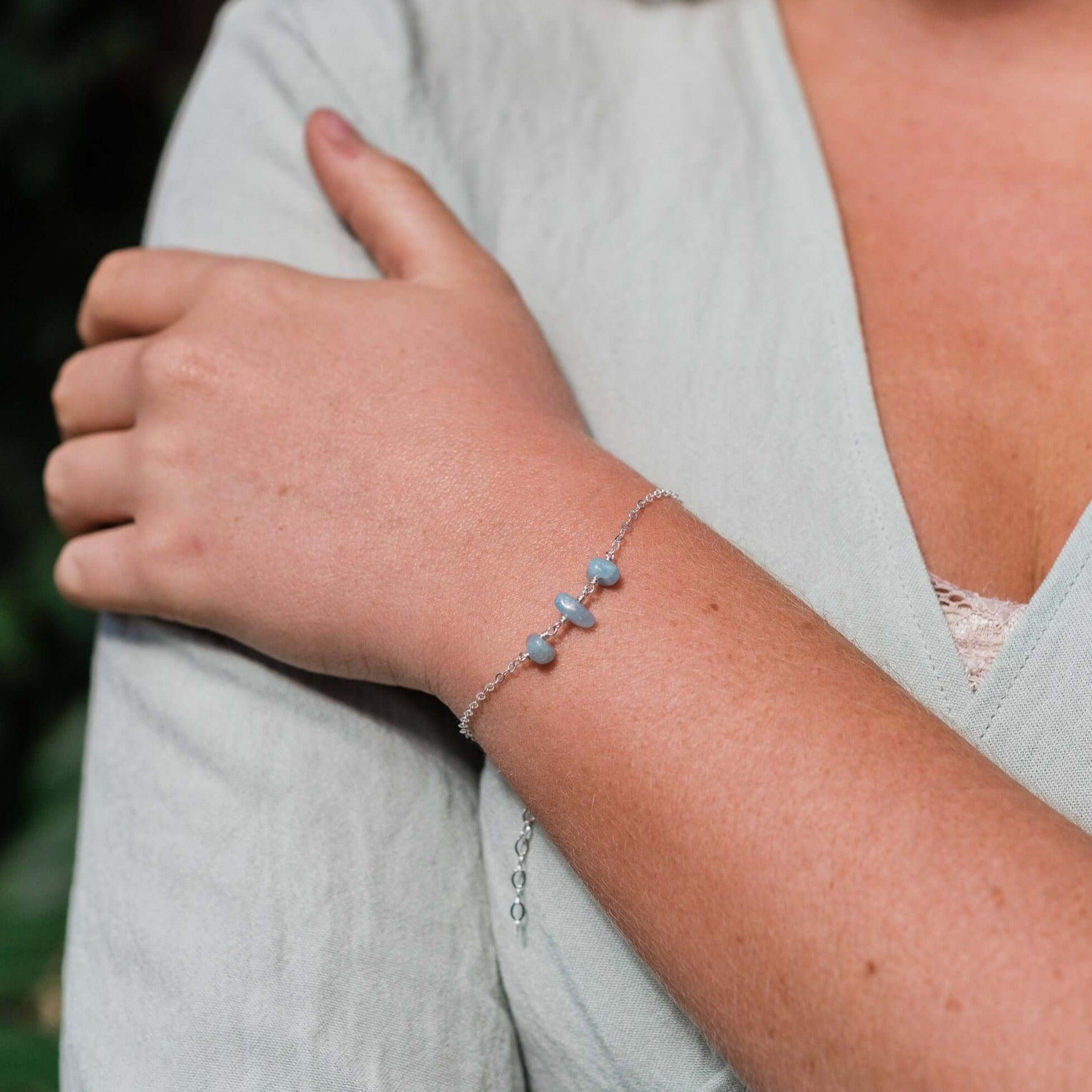 Aquamarine Beaded Chain Bracelet - Aquamarine Beaded Chain Bracelet - Sterling Silver - Luna Tide Handmade Crystal Jewellery