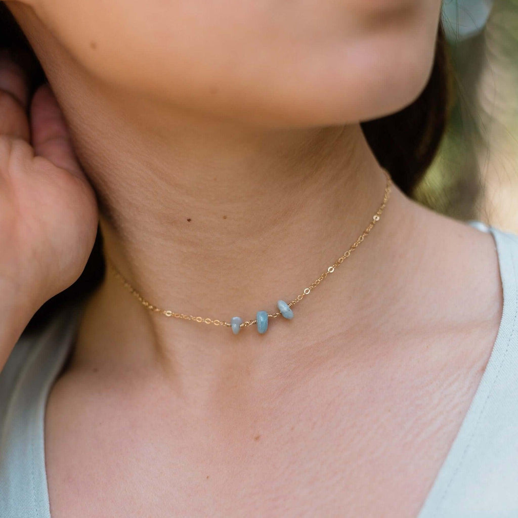 Aquamarine Beaded Chain Choker Necklace - Aquamarine Beaded Chain Choker Necklace - Sterling Silver - Luna Tide Handmade Crystal Jewellery