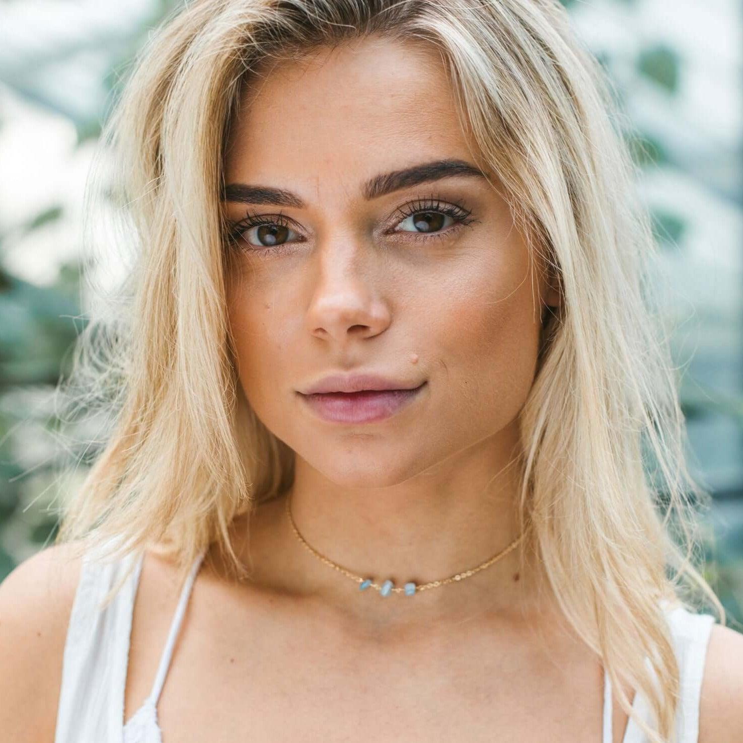 Aquamarine Beaded Chain Choker Necklace - Aquamarine Beaded Chain Choker Necklace - Sterling Silver - Luna Tide Handmade Crystal Jewellery