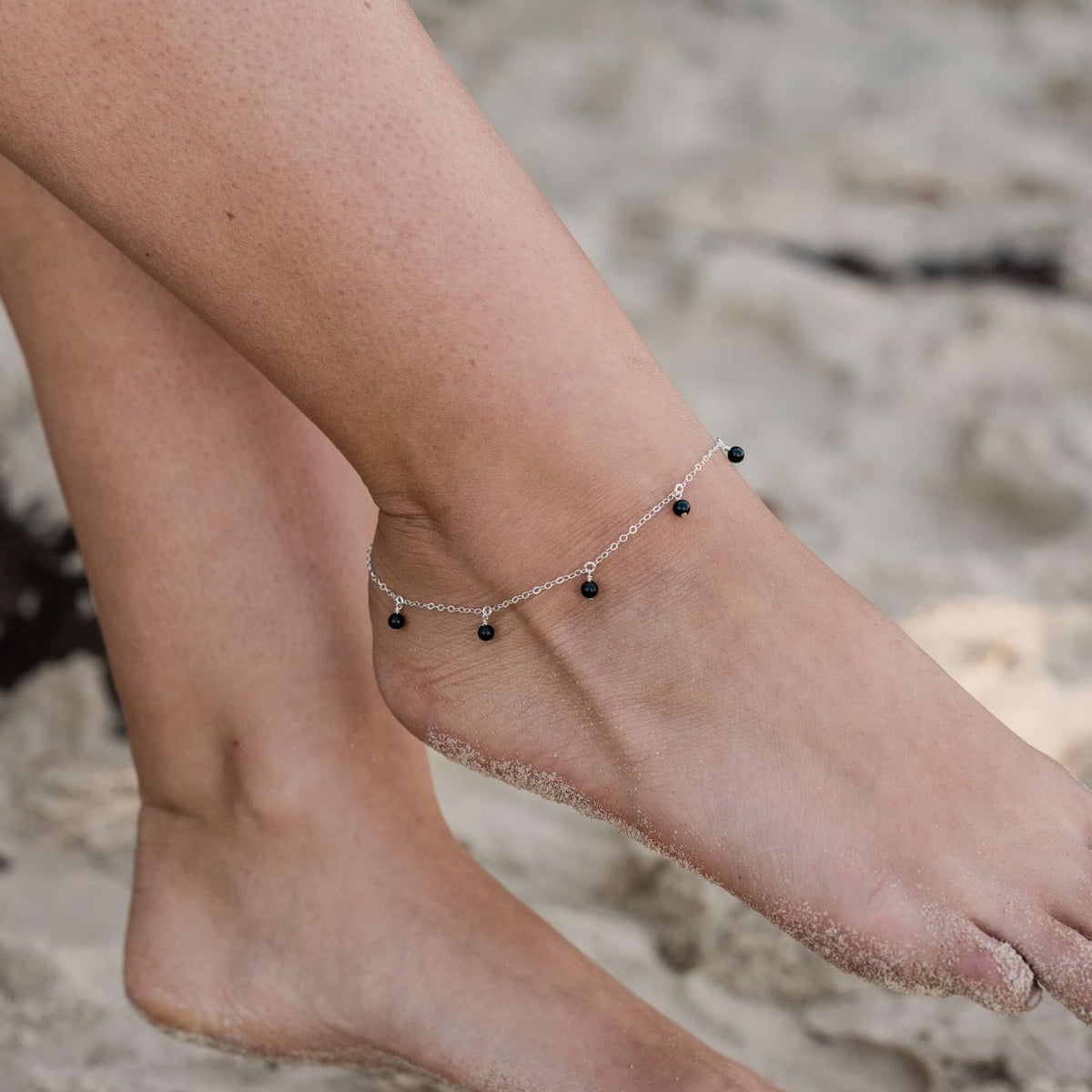 Bead Drop Anklet - Black Tourmaline - Sterling Silver - Luna Tide Handmade Jewellery